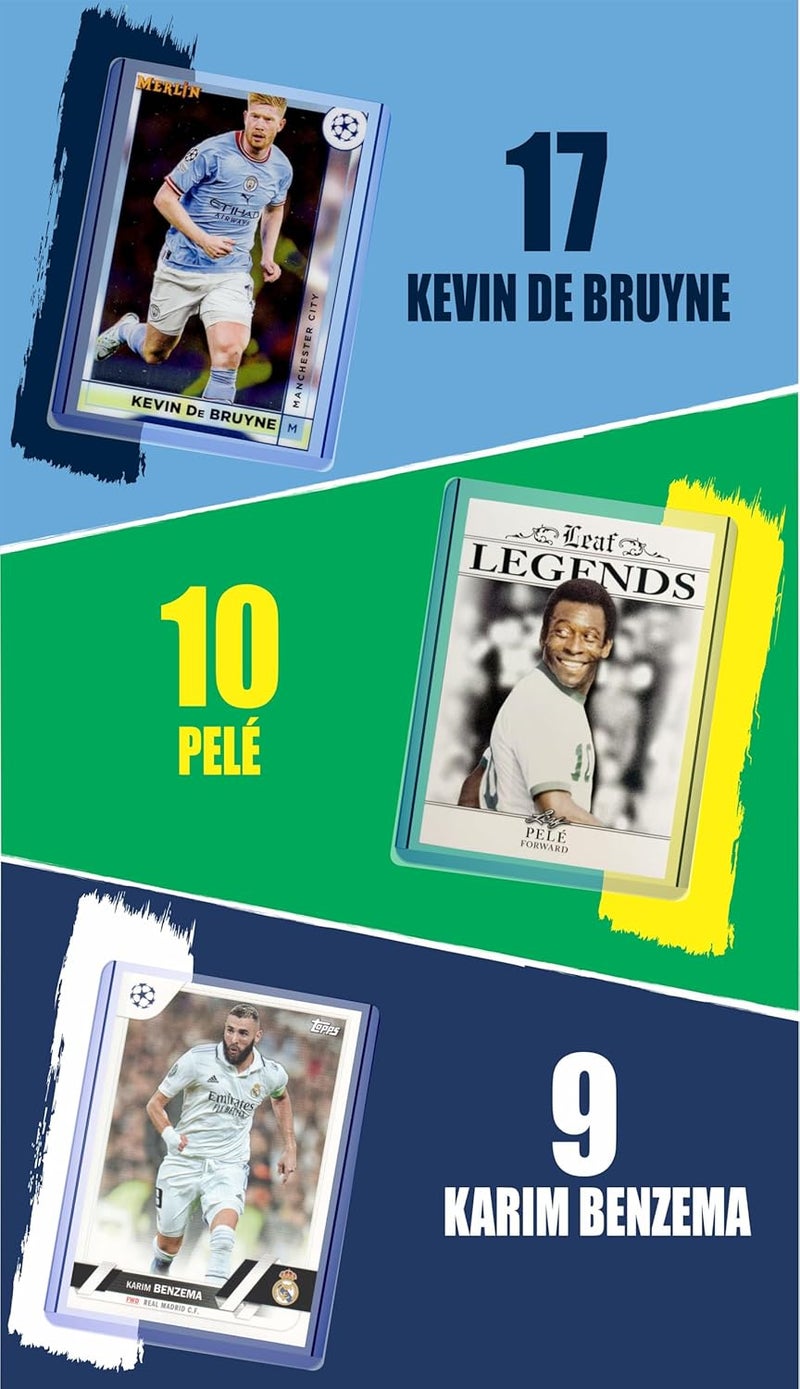 Chaser Soccer Cards: Lionel Messi, Cristiano Ronaldo, Kylian Mbappe, Robert Lewandowski, Erling Haaland, Neymar Jr., Pelé, Karim Benzema, Kevin de Bruyne (9) Assorted Top Star Soccer Cards &/or Sticker Card Gift Pack - Image 4